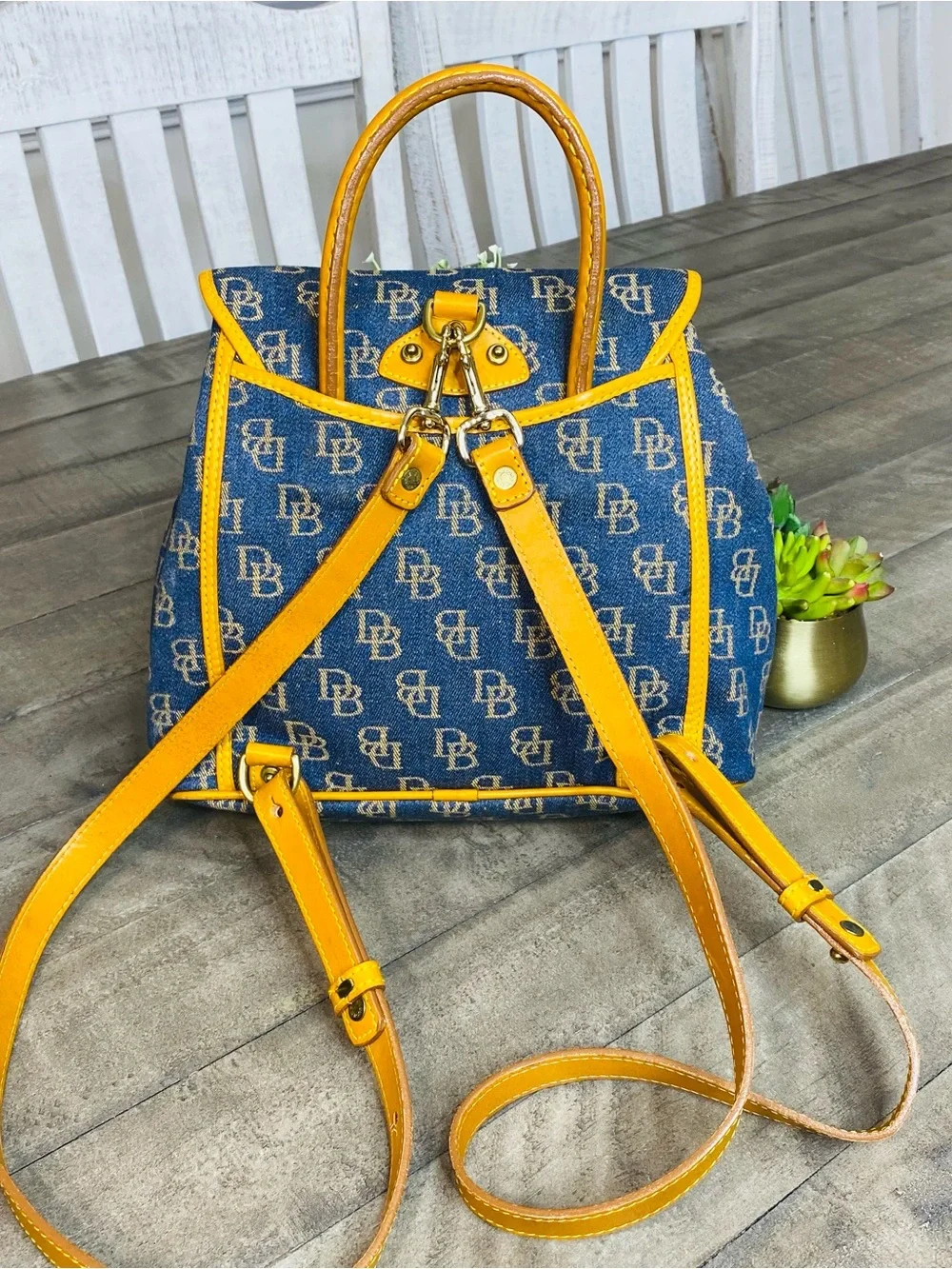 Vintage Dooney & Bourke Denim Monogram Backpack Purse DB Canvas Tan Leather Trim